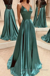 A Line V Neck Open Back Emerald Green Satin Long Semi Formal Prom Dresses, Backless Emerald Green Formal Graduation Evening Dresses